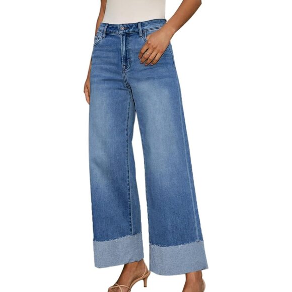 Women's Wide Leg Jeans Stretch Raw Hem High Rise Casual Cool Trendy - Picture 4 of 6